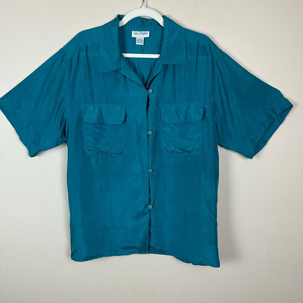 Sara‎ Stephen Silk Teal Button Front Blouse Size L Resort Coastal Career Travel